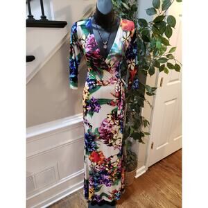 Good Time USA Maxi Dress Women's M Multi Floral 3/4 Sleeve Tie Waist Wrap V Neck